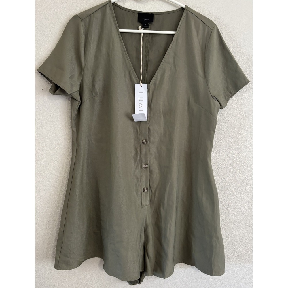 Lumiere Women's Large Olive Green Tencel Romper NWT V Neck Button Front Shorts